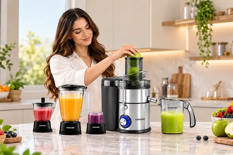 Watermelon, orange-pineapple and mango juice beside fresh fruit and a blender